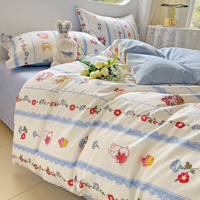 91家纺网 家纺一手货源 找家纺 暖芯优选 204新款直播爆款全棉-ins印花系列四件套纯棉三件套床单床笠 花篮小兔