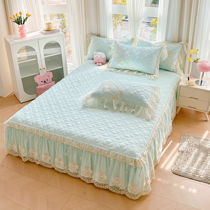 91家纺网 家纺一手货源 找家纺 罗艺轩 2024新款公主风水洗棉夹棉单床裙-浪漫满屋床 浪漫满屋-海盐蓝