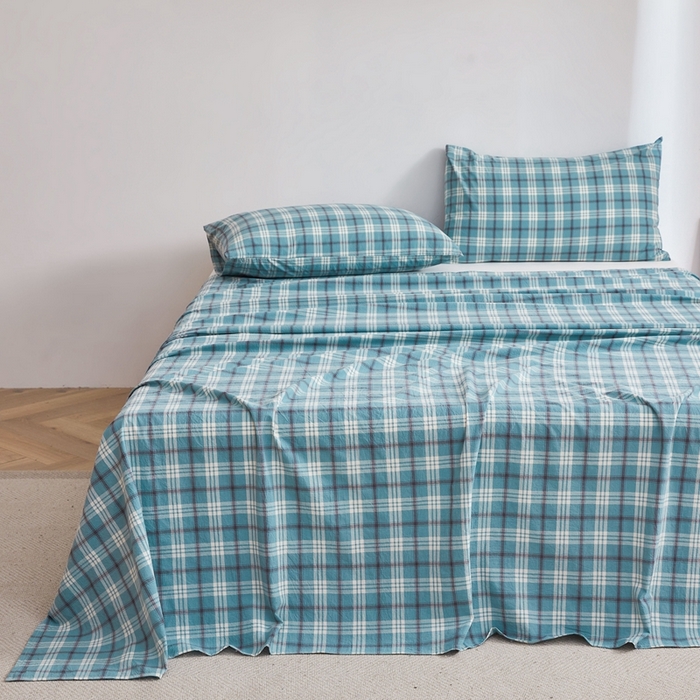 91家纺网 家纺一手货源 找家纺 雅萱家纺 2024新款雅萱-色织全棉水洗棉床单 床单-意境-蓝