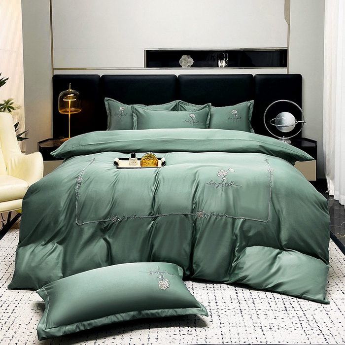 91家纺网 家纺一手货源 找家纺 宜家坊 2024春夏新品水洗天丝棉轻奢刺绣四件套水洗真丝冰丝-芸伊 宝绿