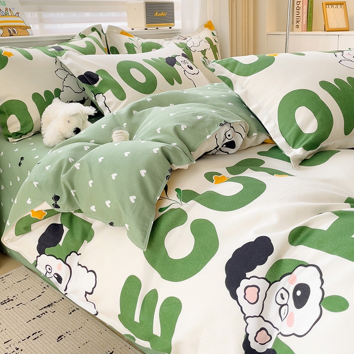 91家纺网 家纺一手货源 找家纺 优逸家纺 2025新款植物羊绒小清新斜纹磨毛四件套 皮皮狗