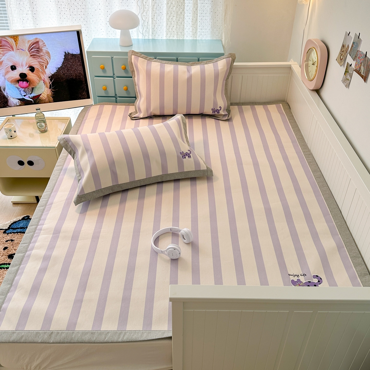 91家纺网 家纺一手货源 找家纺 昔可家纺 2024新款印花绣花冰丝席平席款 波点紫猫