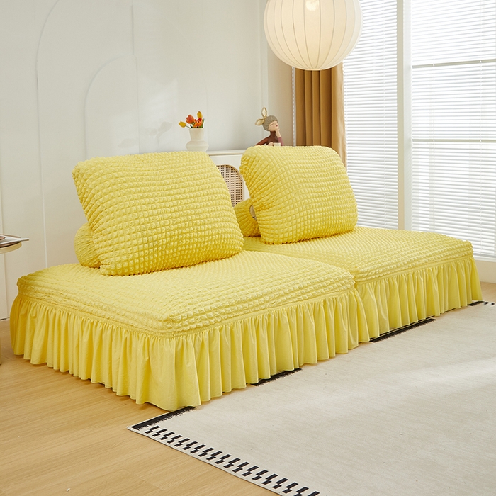 91家纺网 家纺一手货源 找家纺 丝绮鹿 2024新款模块方块沙发套系列-爆米花裙边系列 柠檬黄