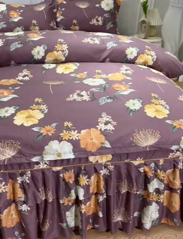 91家纺网 家纺一手货源 找家纺 小雨家纺 2026新款芦荟棉床裙四件套 如花似锦-棕