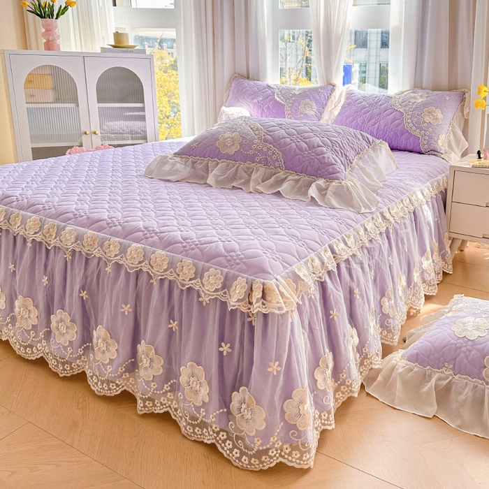 91家纺网 家纺一手货源 找家纺 罗艺轩 2024新款公主风水洗棉夹棉床裙款四件套-浪漫满屋床 浪漫满屋-茉莉紫