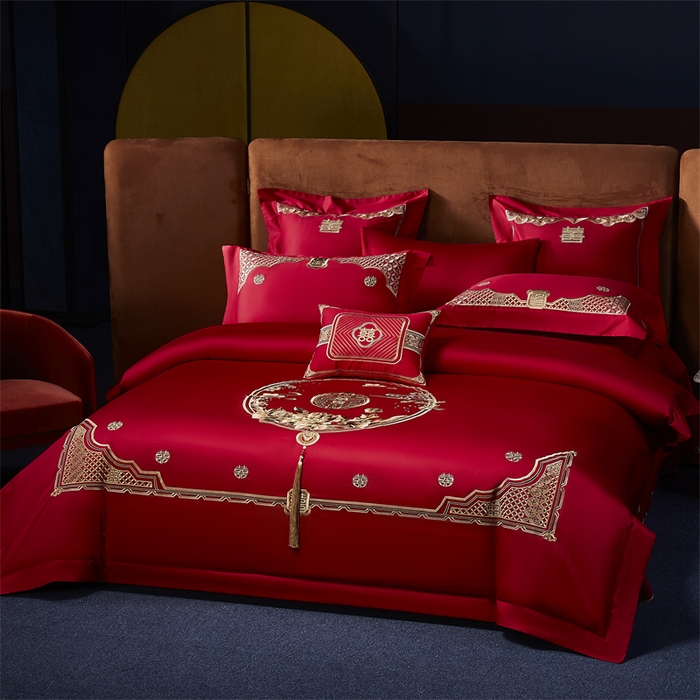 91家纺网 家纺一手货源 找家纺 高大尚婚庆馆 2025新款60s长绒棉轻奢（床裙款）婚庆四件套 美满团圆（金）