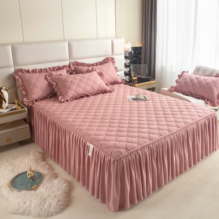 91家纺网 家纺一手货源 找家纺 忘忧草 2024新款亲肤磨毛夹棉床裙 佳人-豆沙红