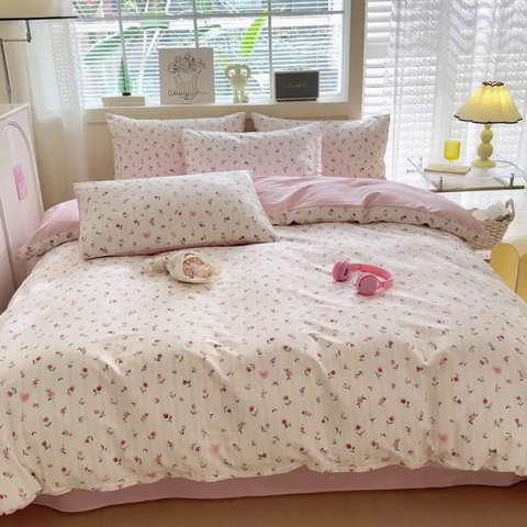 91家纺网 家纺一手货源 找家纺 清雅福 2024新款全棉13372小清新四件套和单品系列第四季 情人节