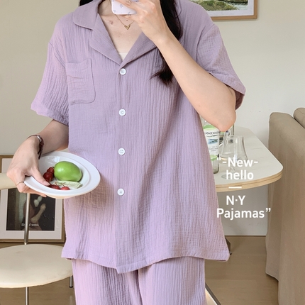 纽约生活 2024新款纯色绉布短袖九分家居服女款 奶油紫