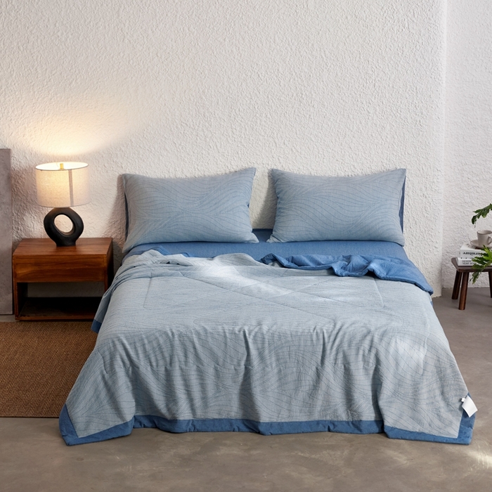 91家纺网 家纺一手货源 找家纺 2024新款色织双层纱提花波浪三系列夏被及夏被四件套--乱纹波浪 乱纹-深蓝