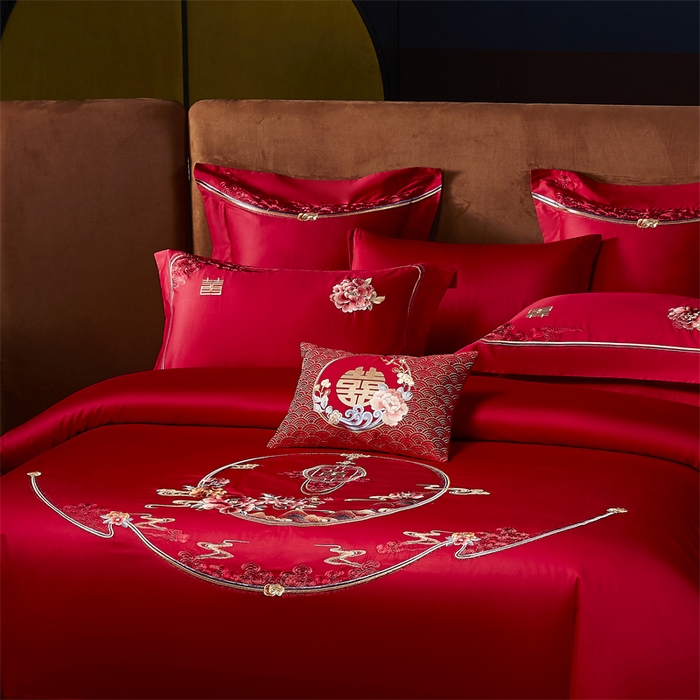 91家纺网 家纺一手货源 找家纺 高大尚婚庆馆 2025新款60s长绒棉轻奢（床裙款）婚庆四件套 为爱盛开