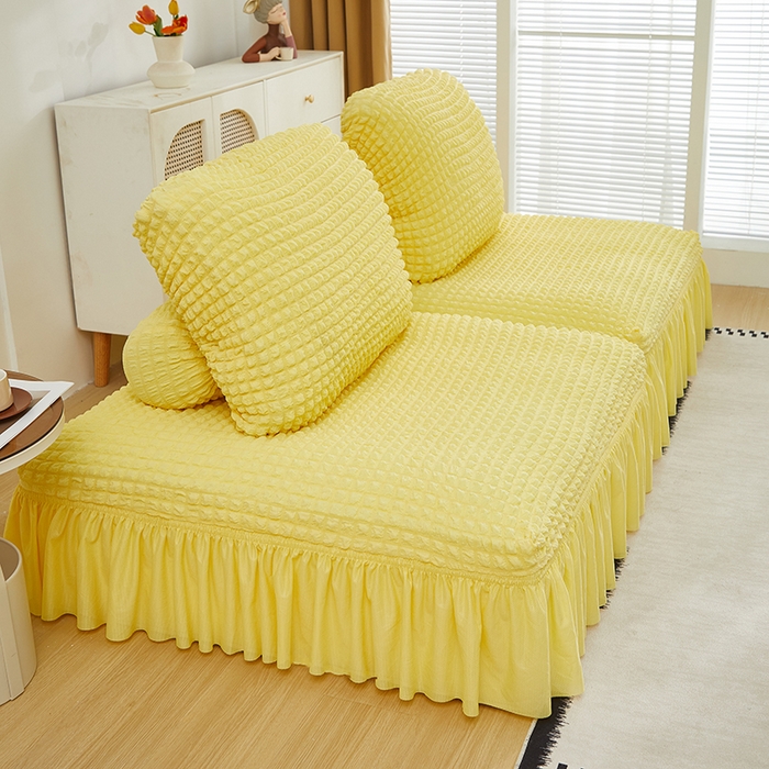 91家纺网 家纺一手货源 找家纺 丝绮鹿 2024新款模块方块沙发套系列-爆米花裙边系列 柠檬黄