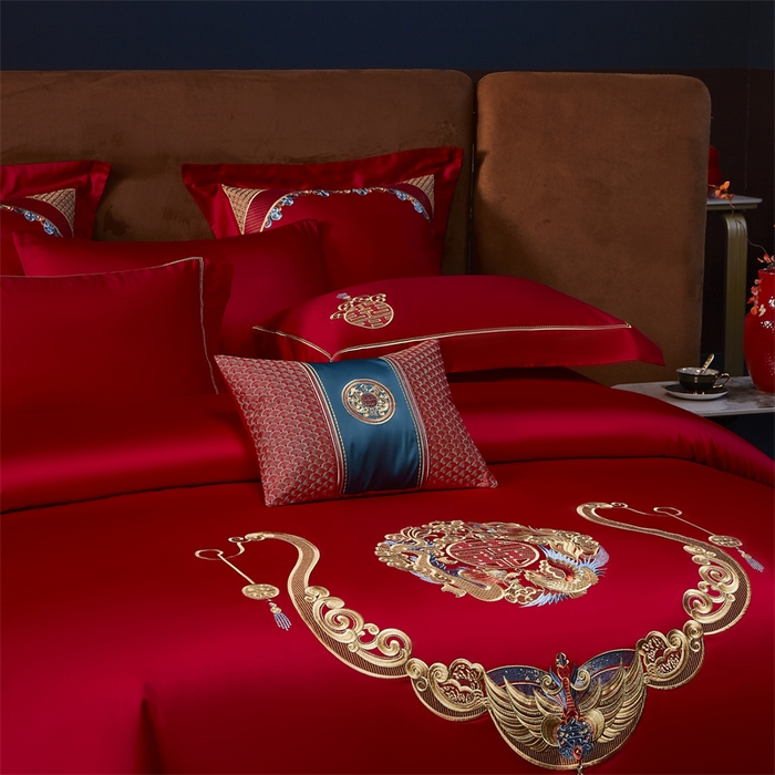 91家纺网 家纺一手货源 找家纺 高大尚婚庆馆 2025新款60s长绒棉轻奢（床裙款）婚庆四件套 龙凤贺彩