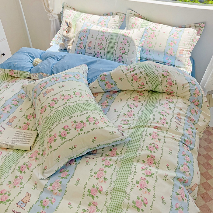 91家纺网 家纺一手货源 找家纺 暖芯优选 204新款直播爆款全棉-ins印花系列四件套纯棉三件套床单床笠 蔷薇花语