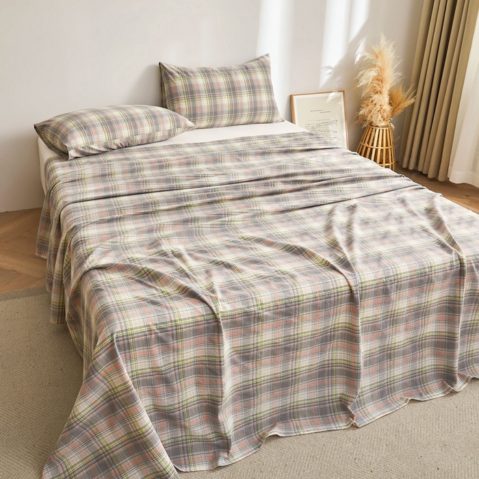 91家纺网 家纺一手货源 找家纺 雅萱家纺 2024新款雅萱-色织全棉水洗棉床单 床单-日和-绿棕格