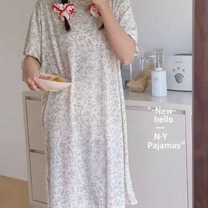 纽约生活 2024新款针织棉短袖裙 水墨花