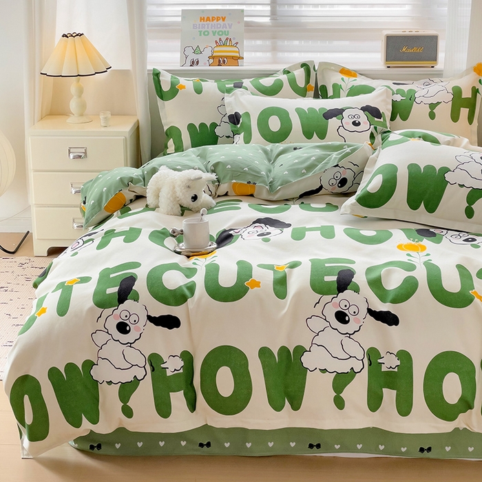 91家纺网 家纺一手货源 找家纺 优逸家纺 2025新款植物羊绒小清新斜纹磨毛四件套 皮皮狗