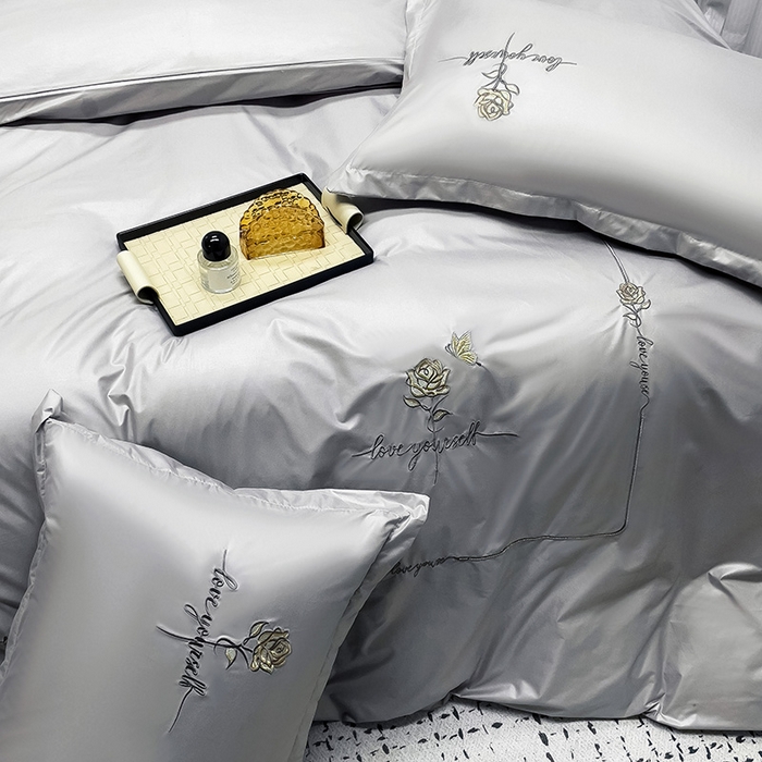 91家纺网 家纺一手货源 找家纺 宜家坊 2024春夏新品水洗天丝棉轻奢刺绣四件套水洗真丝冰丝-芸伊 灰