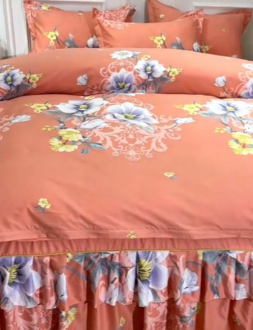 91家纺网 家纺一手货源 找家纺 小雨家纺 2026新款芦荟棉床裙四件套 花枝招展-桔