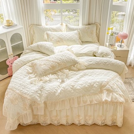 罗艺轩 2024新款公主风水洗棉夹棉床裙款四件套-浪漫满屋床 浪漫满屋-牛乳白