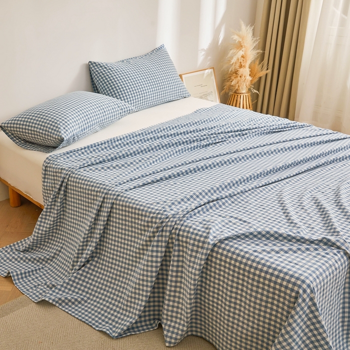 91家纺网 家纺一手货源 找家纺 雅萱家纺 2024新款雅萱-色织全棉水洗棉床单 床单-小格-蓝