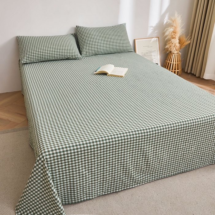 91家纺网 家纺一手货源 找家纺 雅萱家纺 2024新款雅萱-色织全棉水洗棉床单 床单-小格-绿