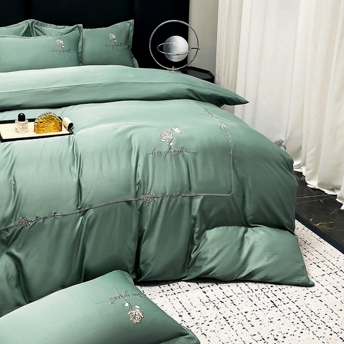 91家纺网 家纺一手货源 找家纺 宜家坊 2024春夏新品水洗天丝棉轻奢刺绣四件套水洗真丝冰丝-芸伊 宝绿