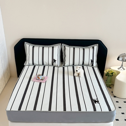 91家纺网 家纺一手货源 找家纺 昔可家纺 2024新款数码印花刺绣床笠款冰丝席 顽皮猫