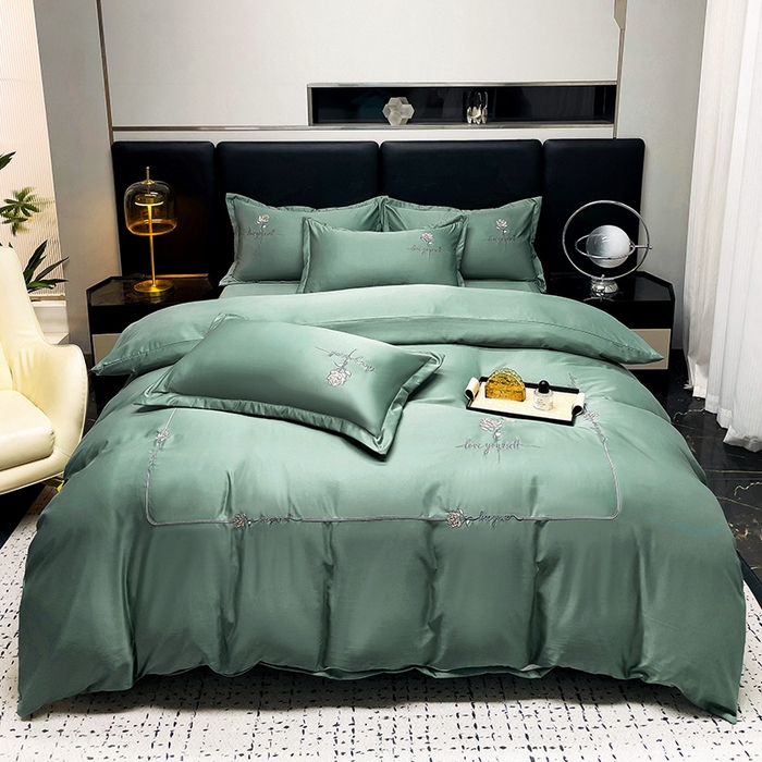 91家纺网 家纺一手货源 找家纺 宜家坊 2024春夏新品水洗天丝棉轻奢刺绣四件套水洗真丝冰丝-芸伊 宝绿