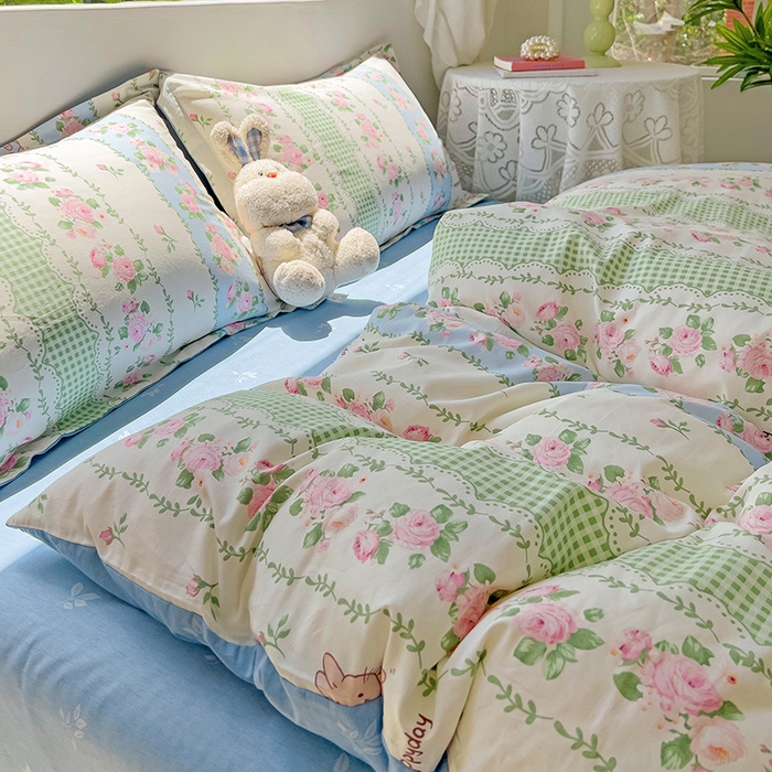 91家纺网 家纺一手货源 找家纺 暖芯优选 204新款直播爆款全棉-ins印花系列四件套纯棉三件套床单床笠 蔷薇花语