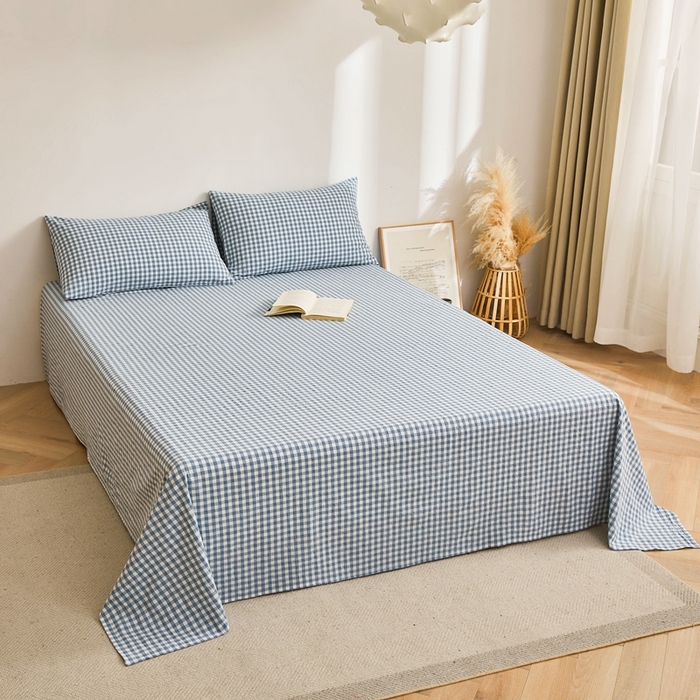 91家纺网 家纺一手货源 找家纺 雅萱家纺 2024新款雅萱-色织全棉水洗棉床单 床单-小格-蓝