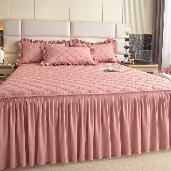 91家纺网 家纺一手货源 找家纺 忘忧草 2024新款亲肤磨毛夹棉床裙 佳人-豆沙红