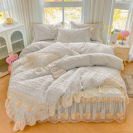 罗艺轩 2024新款公主风水洗棉夹棉床裙款四件套-浪漫满屋床 浪漫满屋-迷雾灰