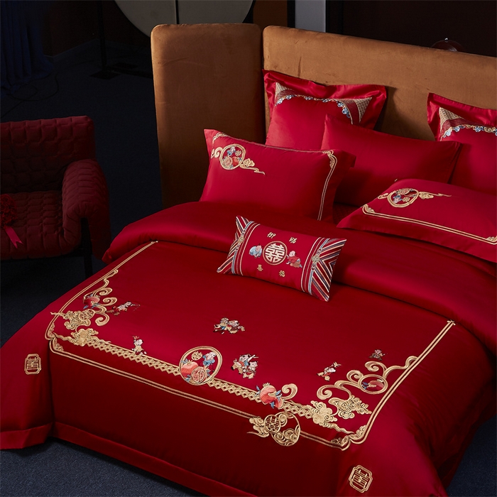 91家纺网 家纺一手货源 找家纺 高大尚婚庆馆 2025新款60s长绒棉轻奢（床裙款）婚庆四件套 多子多福