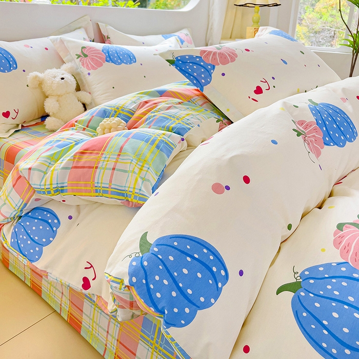 91家纺网 家纺一手货源 找家纺 暖芯优选 204新款直播爆款全棉-ins印花系列四件套纯棉三件套床单床笠 奶油南瓜