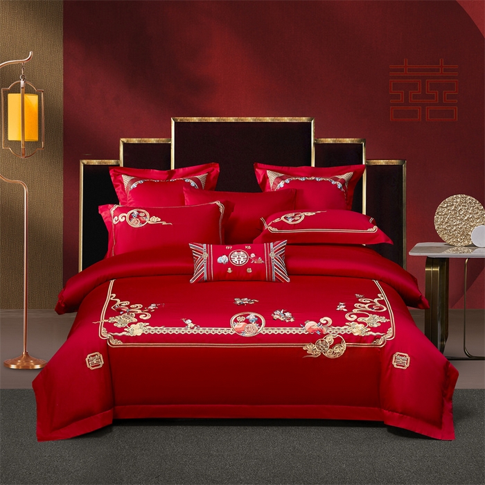 91家纺网 家纺一手货源 找家纺 高大尚婚庆馆 2025新款60s长绒棉轻奢（床裙款）婚庆四件套 多子多福