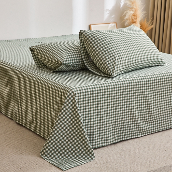 91家纺网 家纺一手货源 找家纺 雅萱家纺 2024新款雅萱-色织全棉水洗棉床单 床单-小格-绿