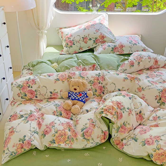 91家纺网 家纺一手货源 找家纺 暖芯优选 204新款直播爆款全棉-ins印花系列四件套纯棉三件套床单床笠 玫瑰花藤