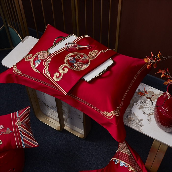 91家纺网 家纺一手货源 找家纺 高大尚婚庆馆 2025新款60s长绒棉轻奢（床裙款）婚庆四件套 多子多福