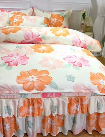 91家纺网 家纺一手货源 找家纺 小雨家纺 2026新款芦荟棉床裙四件套 甜梦-桔