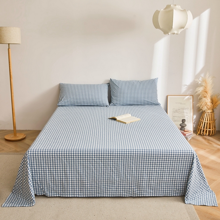 91家纺网 家纺一手货源 找家纺 雅萱家纺 2024新款雅萱-色织全棉水洗棉床单 床单-小格-蓝