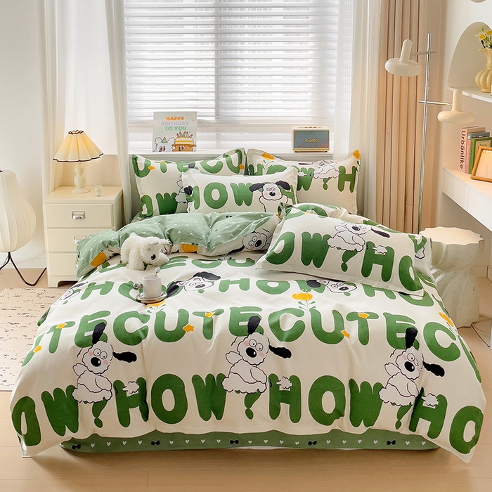 91家纺网 家纺一手货源 找家纺 优逸家纺 2025新款植物羊绒小清新斜纹磨毛四件套 皮皮狗