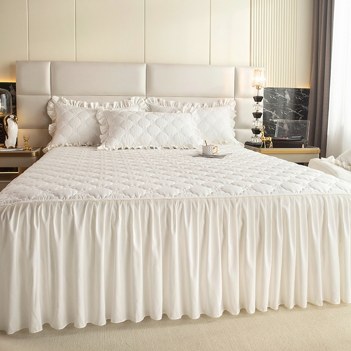 91家纺网 家纺一手货源 找家纺 忘忧草 2024新款亲肤磨毛夹棉床裙 佳人-公主白