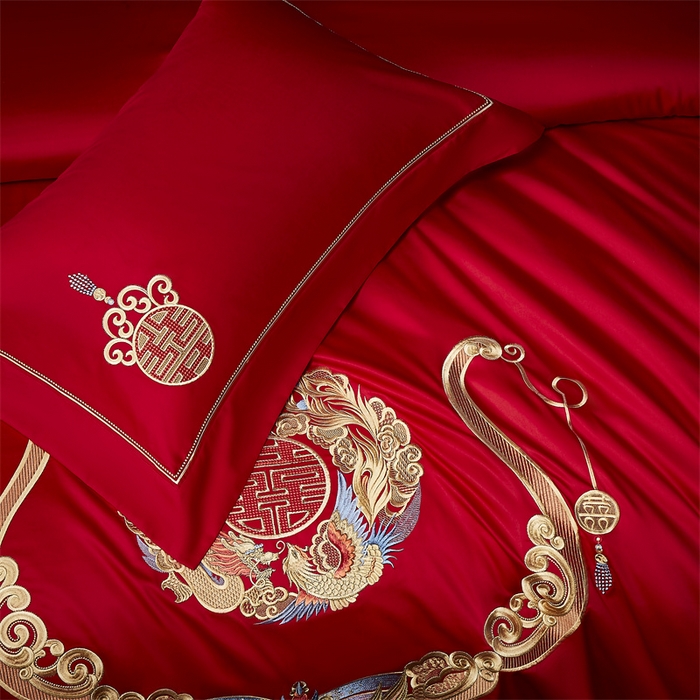 91家纺网 家纺一手货源 找家纺 高大尚婚庆馆 2025新款60s长绒棉轻奢（床裙款）婚庆四件套 龙凤贺彩