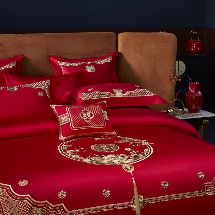 91家纺网 家纺一手货源 找家纺 高大尚婚庆馆 2025新款60s长绒棉轻奢（床裙款）婚庆四件套 美满团圆（金）