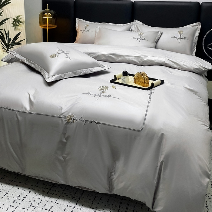 91家纺网 家纺一手货源 找家纺 宜家坊 2024春夏新品水洗天丝棉轻奢刺绣四件套水洗真丝冰丝-芸伊 灰