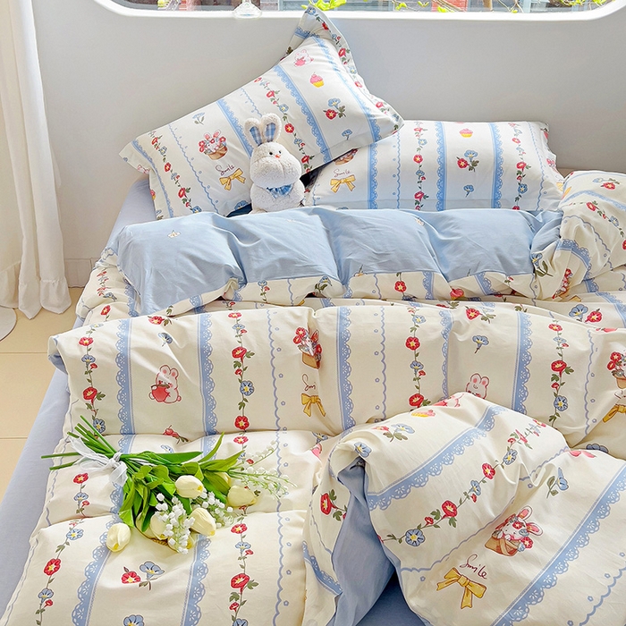 91家纺网 家纺一手货源 找家纺 暖芯优选 204新款直播爆款全棉-ins印花系列四件套纯棉三件套床单床笠 花篮小兔