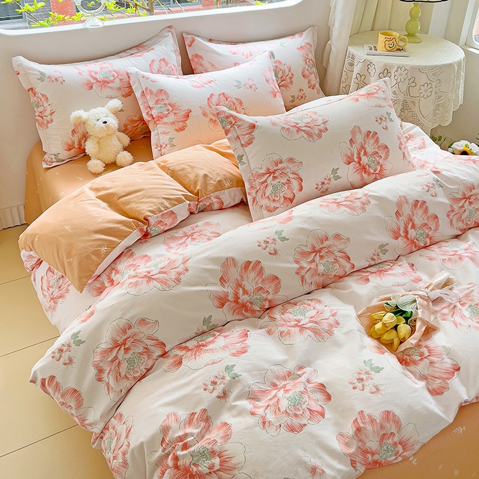 91家纺网 家纺一手货源 找家纺 暖芯优选 204新款直播爆款全棉-ins印花系列四件套纯棉三件套床单床笠 牡丹花开