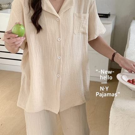 纽约生活 2024新款纯色绉布短袖九分家居服女款 奶油杏