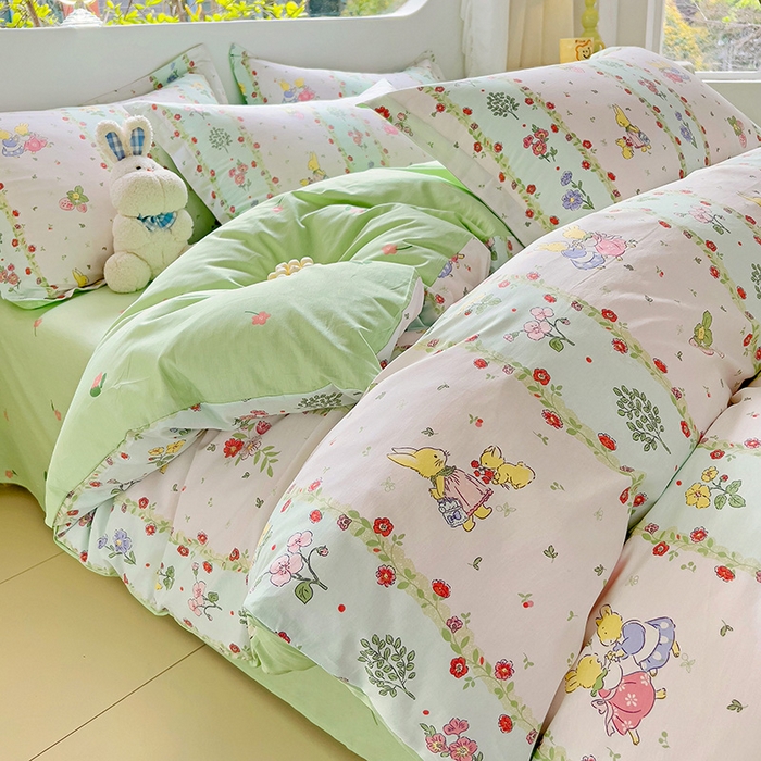 91家纺网 家纺一手货源 找家纺 暖芯优选 204新款直播爆款全棉-ins印花系列四件套纯棉三件套床单床笠 恋爱小兔